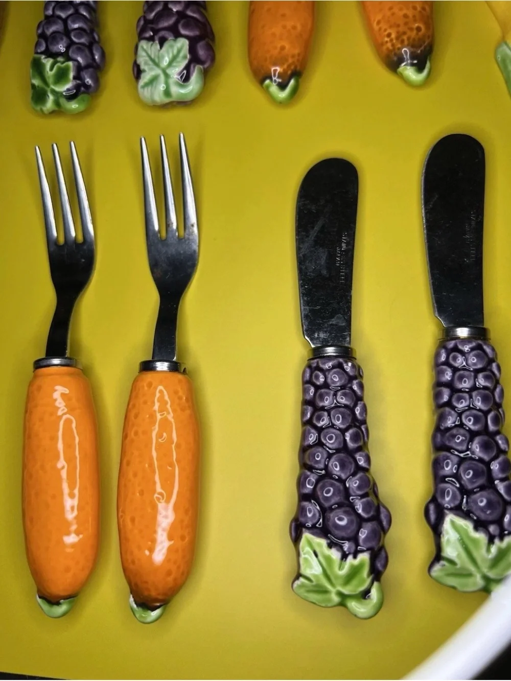Vintage Japan Fruit Handle Flatware Set Ceramic Knives Forks Stainless Steel
